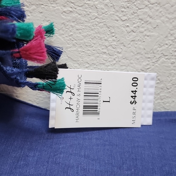 HARMONY & HAVOC Blue Dress Peekaboo Shoulders Fringe Arms Size Large - Picture 5 of 10